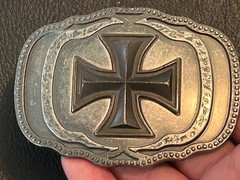 Iron Cross belt buckle, Maltese style symbol with dark enameled finish