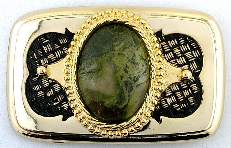 Gold Color Black Weave 40×30 Oval Green Lace Agate Cabochon Belt Buckle EPBB97