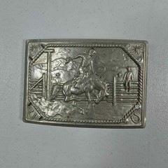 BELT BUCKLE VTG BRONCO WESTERN RODEO HORSE COWBOY SILVER IN COLOR RECTANGLE