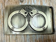 Hand Cuffs Raised Handcuffs on Silver Color Rectangular Belt Buckle