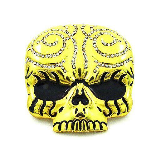 Tattoo Evil Skull Head Skeleton Rhinestones Gold Chrome Metal Belt Buckle