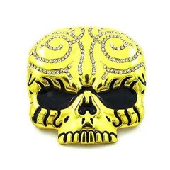 Tattoo Evil Skull Head Skeleton Rhinestones Gold Chrome Metal Belt Buckle