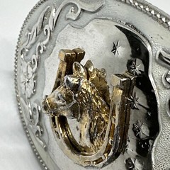 Vintage Horse Head In Horseshoe Western Belt Buckle Hibiscus Amapola FlowerVine