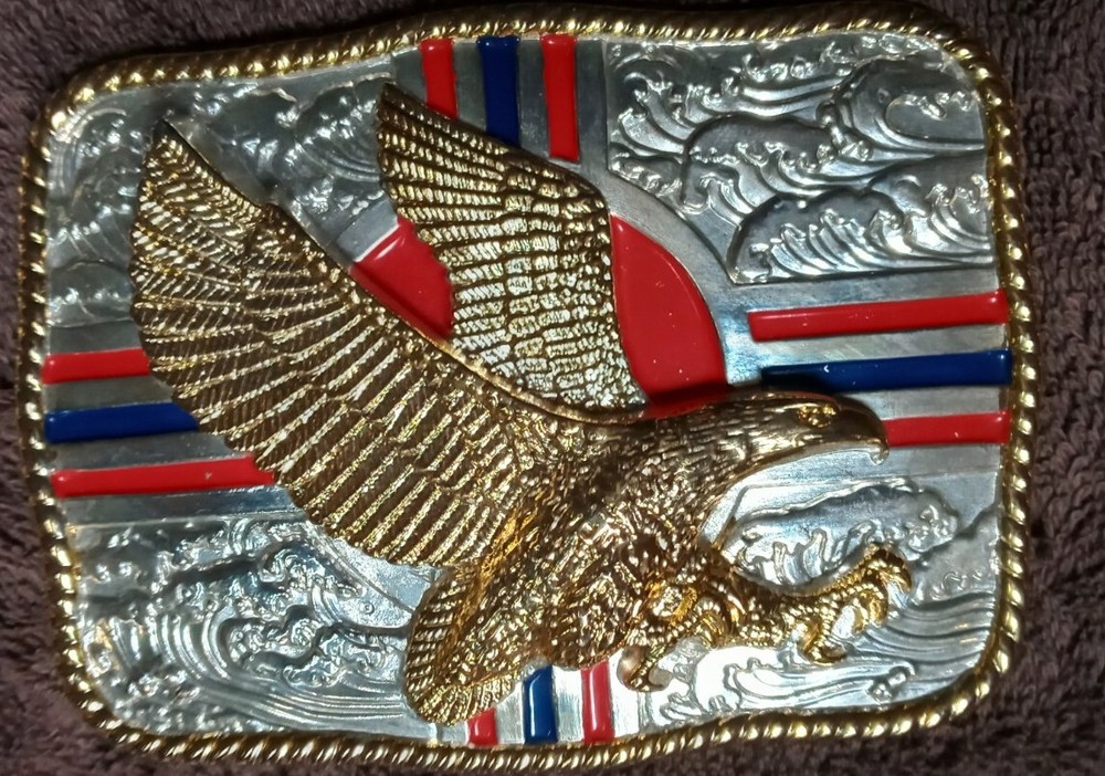 NWOT LG RED BLUE STRIPE GOLD EAGLE ROPE TRIM SILVER 3D BELT BUCKLE 1 1/2&Prime; $65