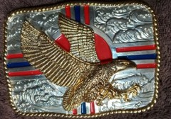 NWOT LG RED BLUE STRIPE GOLD EAGLE ROPE TRIM SILVER 3D BELT BUCKLE 1 1/2&Prime; $65
