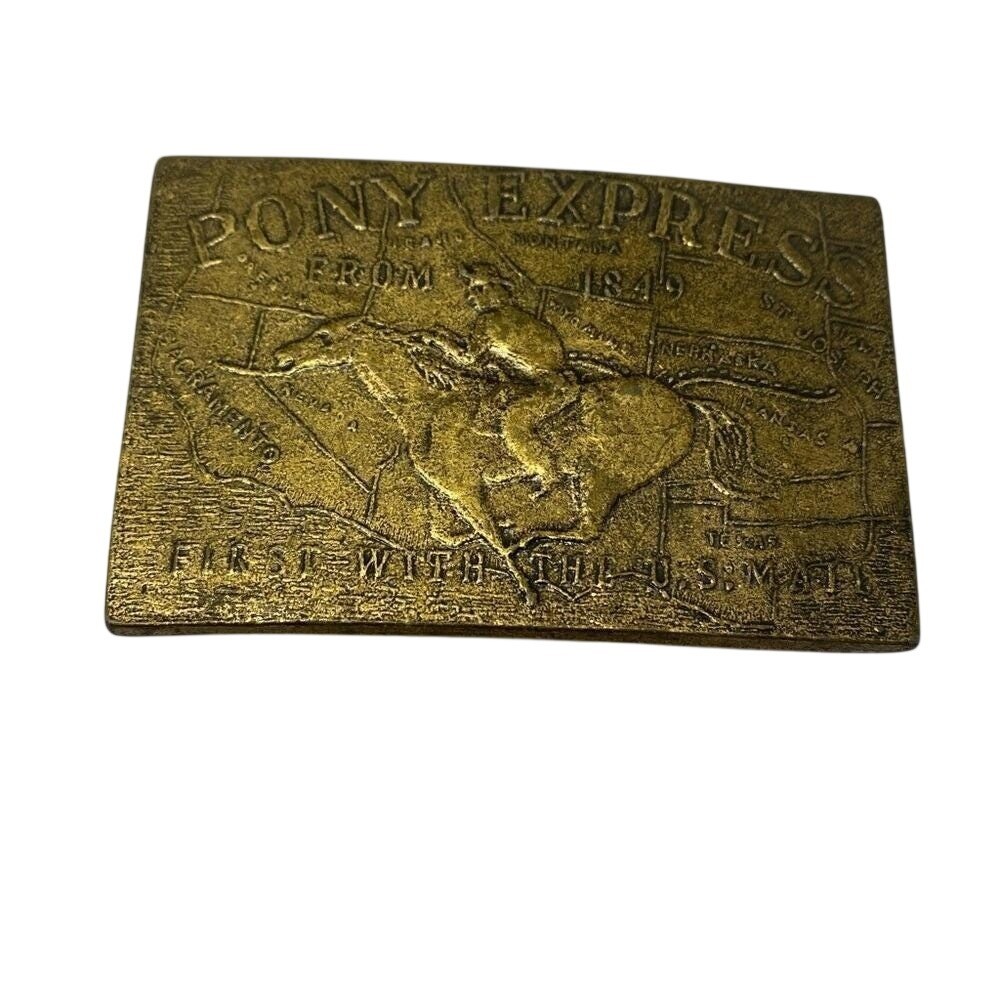 Vintage Pony Express Belt Buckle Mens OS Gold Brass Western Rider 1849 Map