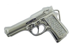 Gun Belt Buckle Silver Chrome Metal Blinged Iced Style Fashion Men Women Cowgirl