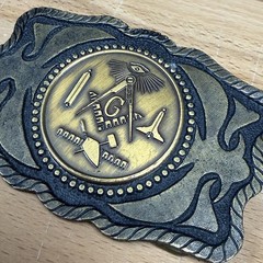 Masonic Belt Buckle Mens Gold Tone Metal Square Compass G Western Antique Finish