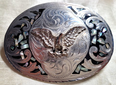 Vintage Alpaca Mexico Eagle Abalone Shell Mother Pearl Inlay Belt Buckle