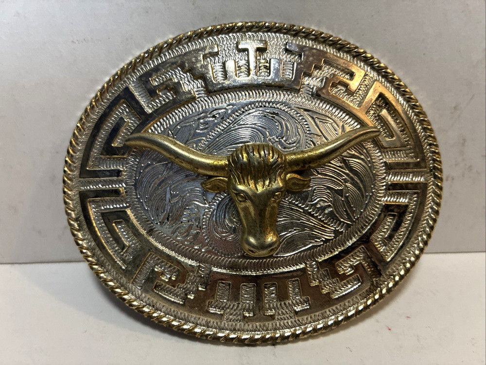 Western Style Belt Buckle Silver & Gold Tone Bull Rodeo Longhorn Cowboy