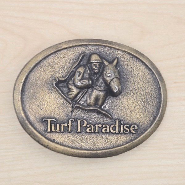 Turf Paradise Belt Buckle Horse Jockey Racing Vintage Metal Western Americana
