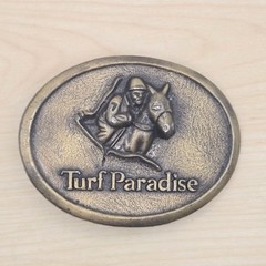 Turf Paradise Belt Buckle Horse Jockey Racing Vintage Metal Western Americana