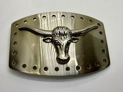 Longhorn Steer Skull Raised Silver Tone Large Belt Buckle With Hole Border