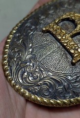 vintage CRUMRINE belt buckle « B » heavy silver plate BRONZE sterling WESTERN