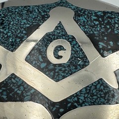 Vintage Masonic Belt Buckle Turquoise Chip Inlay Compass Silver Tone