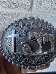 Nocona Western Belt Buckle Cowboy Man at Cross Praying Silver 37374