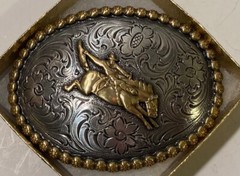 Vintage Metal Belt Buckle, Brass and Silver, Bronco Busting, Horse Riding, Cow