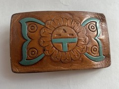 Vintage Hand Tooled Leather Native American Zuni Sun Face Design Belt Buckle