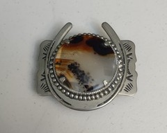 Western Belt Buckle Silver Nickel Metal w/Agate Stone Horse Shoe Decorative