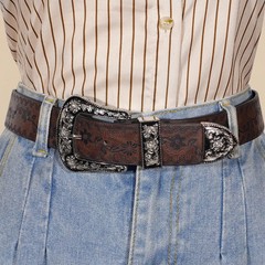 Vintage Carved Buckle Belt for Women Men – Brown Textured Floral Print