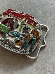 Vintage 1986 C&J Enamel Family Farm Scene Pewter Belt Buckle American Tradition