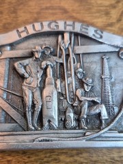 VINTAGE Pewter Hughes Oil Tool Division Belt Buckle Rock Bit Drilling Rig Detail