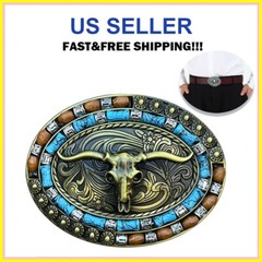 Gold Western Cowboy Belt Buckle Unisex Turquoise Cow Skull Belt Buckle USA