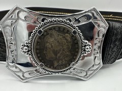 1881 Morgan Silver Dollar Coin Western Leather Belt Size 40 Cowboy Buckle