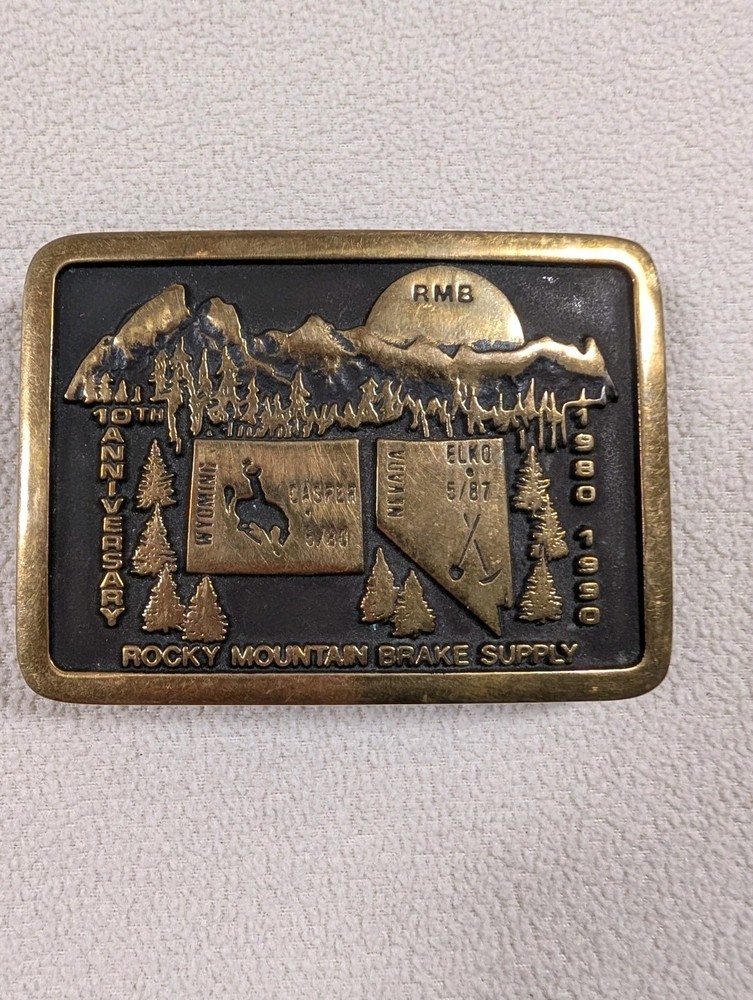 Vintage Rocky Mountain Brake Supply 1989 10th Anniv Belt Buckle Anacortes Brass