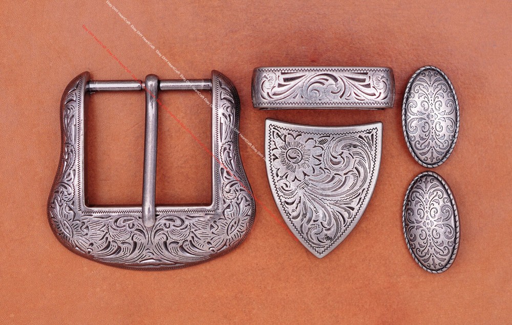 Vintage Silver Cowboy Ranger Floral 5 pc Set Western Belt Buckle fit 1-1/2&Prime; Belt