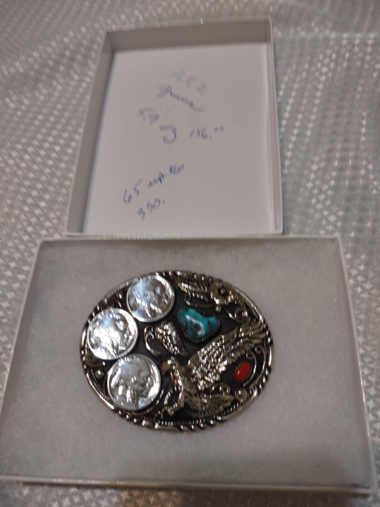 S.S.I. Native Americian belt buckle Eagle coins turquise 3 1/2&Prime; X 2 1/2  » NIB