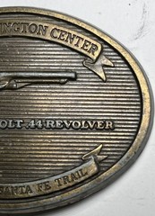NRA Whittington Center Brass Belt Buckle Santa Fe Trail 1860 Colt 44 Revolver 3”