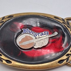 Vintage Bluegrass Belt Buckle Brass 3D Bango Red Enamel Inlay Blue Script Rare