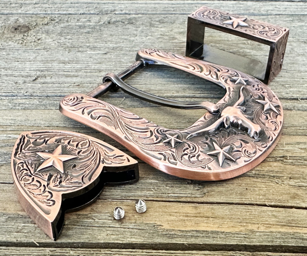 Western 3-Piece Belt Buckle Set Floral Engraved Cowboy Style For 1.5&Prime; Wide Belt