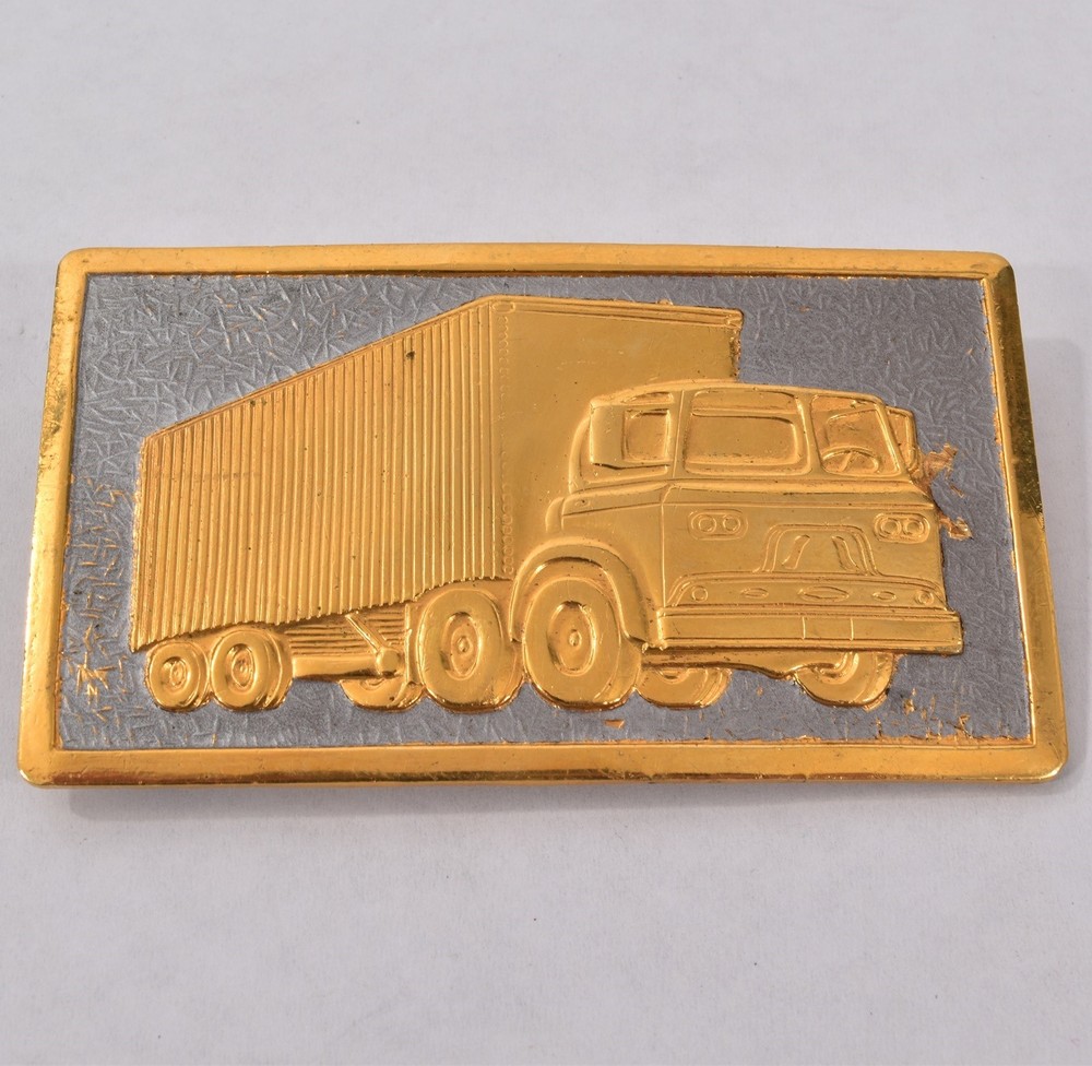 Vintage 1950s Gold Tone TRACTOR TRAILER Big Rig TRUCK BELT BUCKLE Hook Fast