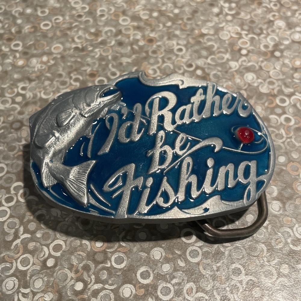 I’d Rather Be Fishing 3 Inch Pewter Belt Buckle Model 523 Blue And Red Enamel