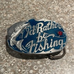 I’d Rather Be Fishing 3 Inch Pewter Belt Buckle Model 523 Blue And Red Enamel