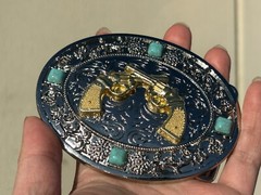 Western Guns Buckle Men Unisex Turquoise Silver Chrome Oval Engraved Fit 2 »