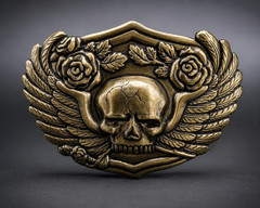Vintage Silver Skull Belt Buckle With Wings And Roses Biker Gothic