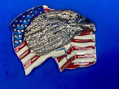 Patriotic American Eagle Head over wavy USA American Flag 4&Prime; belt buckle