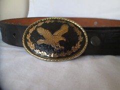 Flying Eagle Buckle Brass Tone & Black & Buffalo Nickel Accented Belt Size 38