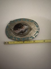 Southwestern Stone Belt Buckle Oval Floral Agate Western Silvertone