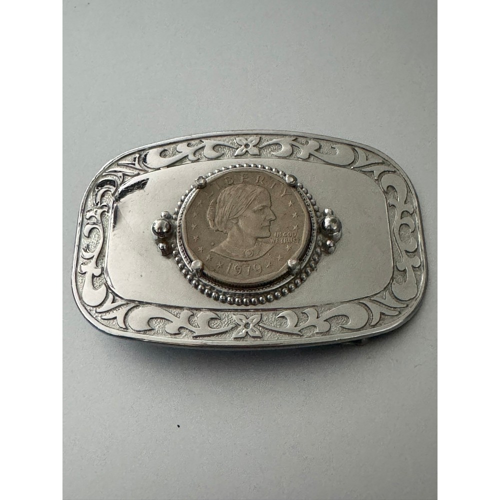 Vintage 1979 Susan B Anthony Dollar Coin Belt Buckle Silver Tone Western Scroll