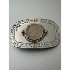Vintage 1979 Susan B Anthony Dollar Coin Belt Buckle Silver Tone Western Scroll