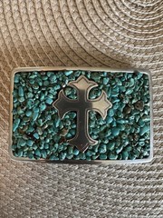 Nocona Silver-Tone Turquoise Chip Inlay Cross Western Buckle Rectangular 1.5&Prime;
