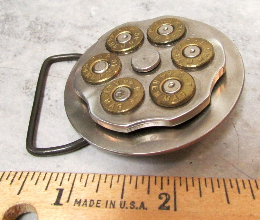 Alaska Hand Made 44 magnum Bullet spinning center Belt Buckle, belt size 1.5 in