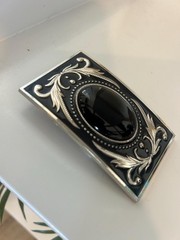 Western Black Onyx Stone Belt Buckle Silver Engraved Cowboy Rodeo Style