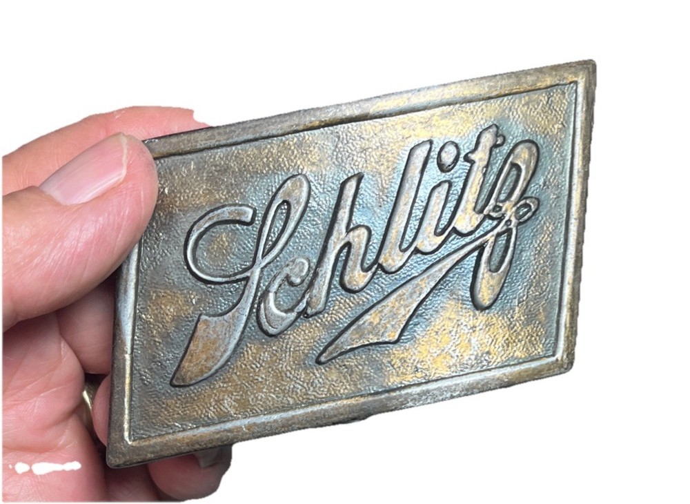 Ci39 Vintage Schlitz Beer Belt Buckle Brass Script Logo 3&Prime;x2&Prime;