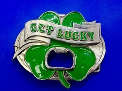 GET LUCKY Four Leaf Clover Shamrock St Patrick Day Belt Buckle Bottle Opener