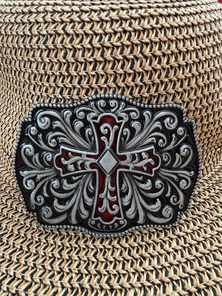Antiqued Silver Rectangle Cross Pattern Belt Buckle
